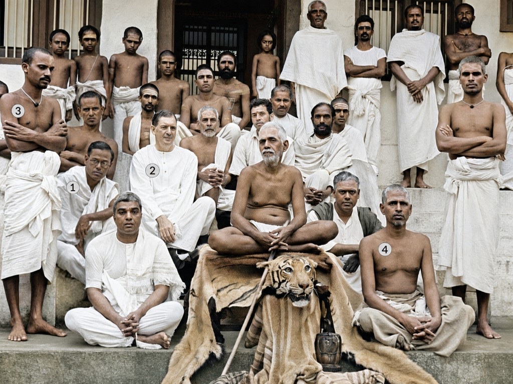 1936 group photograph at Ramana Ashram, with numbered figures possibly including Sri Gajapathi Aiyyer